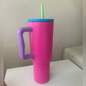 Simple Modern Pink Tumbler with Blue Lid and Green Straw